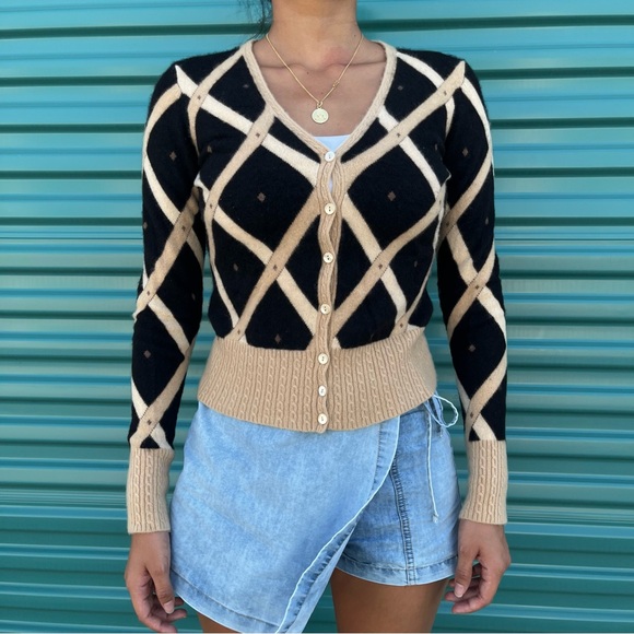 CASHMERE CARDIGAN INTARSIA BLACK/BONE/BEIGE size Small - Picture 1 of 7